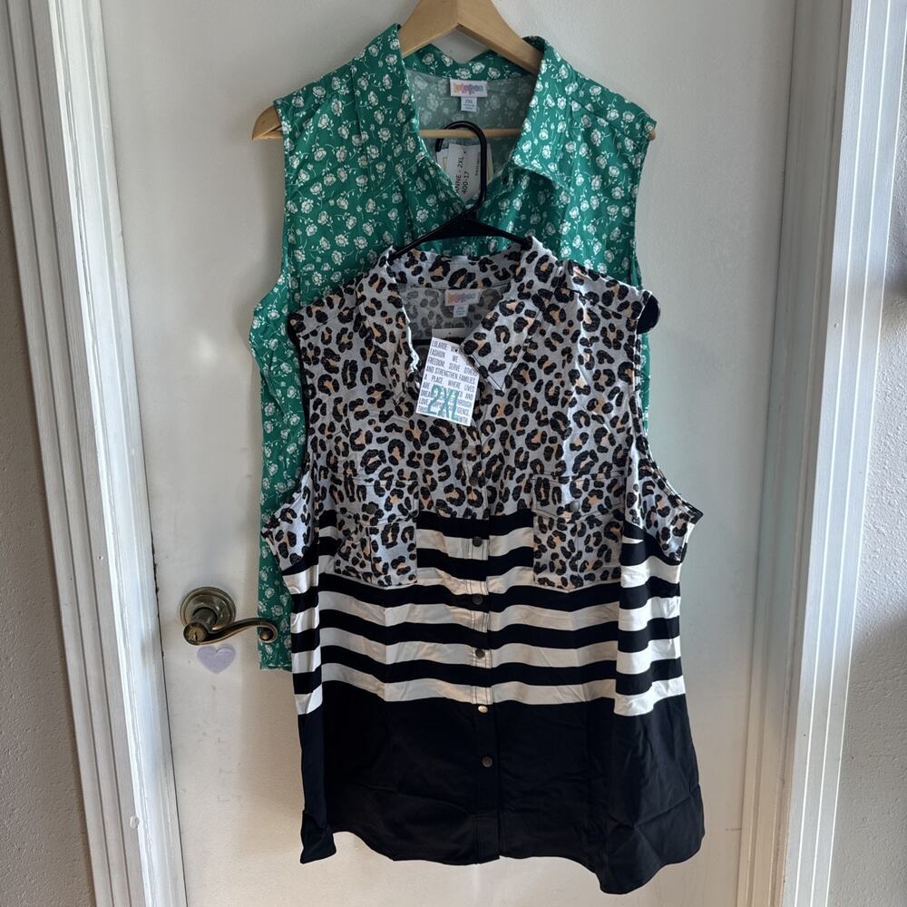 TWO LuLaRoe Size 2XL Roxanne Sleeveless Shirt NWT Animal Stripe + Green Floral